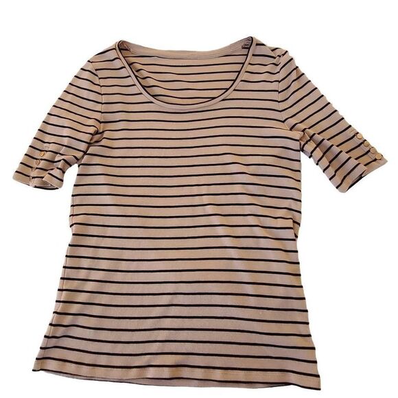 Ann Taylor Womens Beige and Black Stripe T Shirt Size Large - Picture 1 of 7